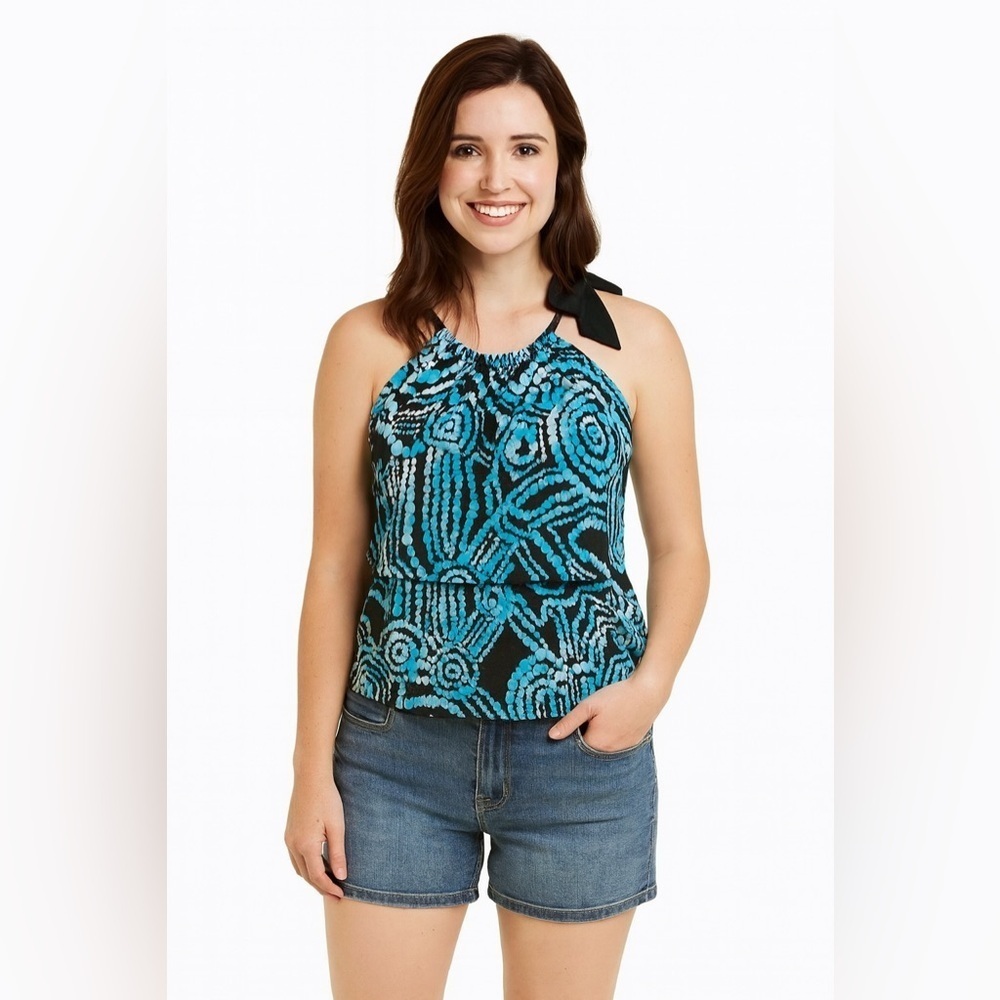 International Concepts Blue and Black Sleeveless Blouse Medium Petite